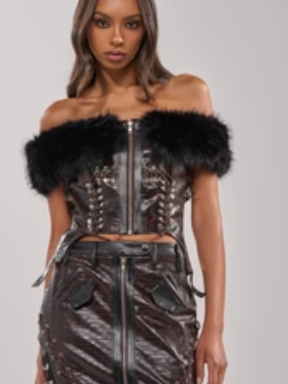 AKIRA Black Off-Shoulder Faux Fur Trim Leatherette Crop Jacket
